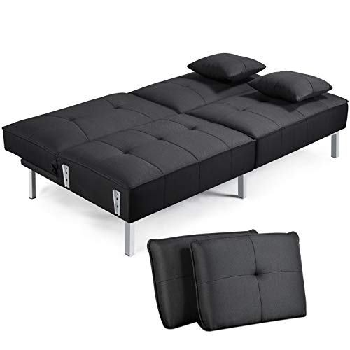 Yaheetech Adjustable Futon Sets Convertible Futon Sleeper Bed Upholstery Fabric Loveseat Sofa Foldable Backrest Futon With Sturdy Wood Frame Linen Fabric Detachable Arms Metal Legs Black #TOP5