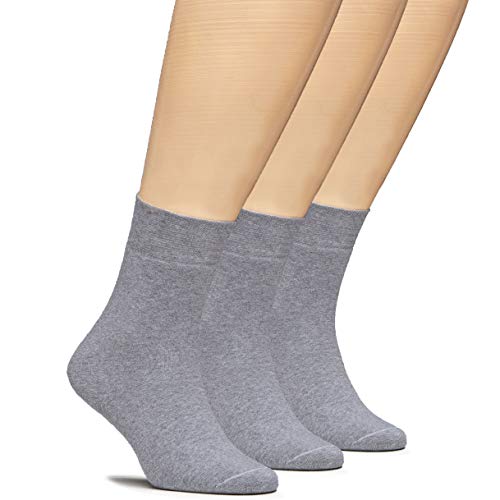 Women's High Ankle Wide Stretchy Cotton Socks, Thick, Warm, Seamless Toe, Full Cushion, Non Binding, 3 Pairs, Grey, Shoe Size: 9-12
