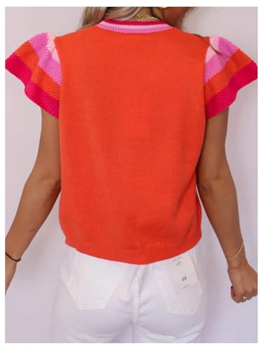 Image of WDIRARA Women's Striped Trim Pullover Sweaters Crewneck Ruffle Butterfly Sleeve Knit Tops Orange X-Large