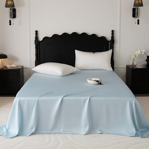 Juego de ropa de cama de seda satinada azul de lujo, 245 x 250 cm, sábanas encimeras transpirables, sedosas, suaves, antiarrugas, elegante ropa de cama para máxima comodidad y estilo.