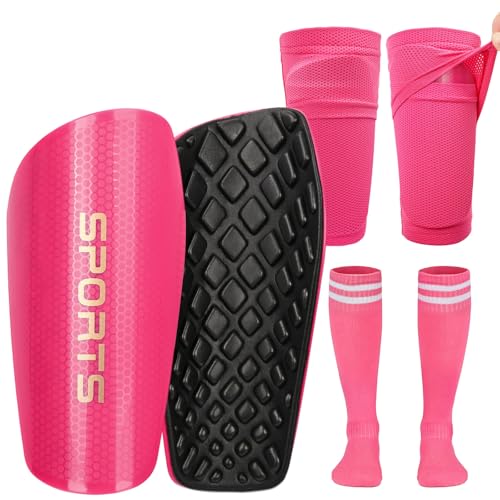 Soccer Shin Guards for Kids Youth Toddler Shin Pads with Sleeves and Long Soccer Socks for Age 2-12 Boys & Girls Toddler Children Teenagers Protective Lightweight Soccer Equipment (Pink-M)