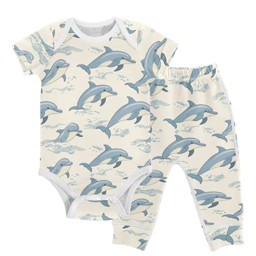 vvfelixl Cute Dolphin in Ocean Baby Layette Sets,Baby Bodysuits Set Unisex Short Sleeve Babys Pants Sets 9-12M