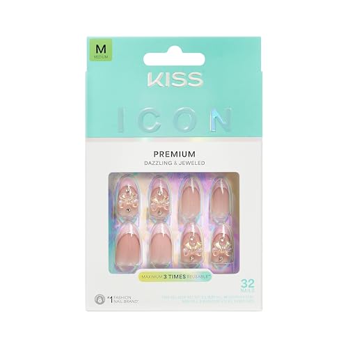 KISS ICON Premium Press On Nails Almond, Vibrant, Pink, Medium, 32 Count