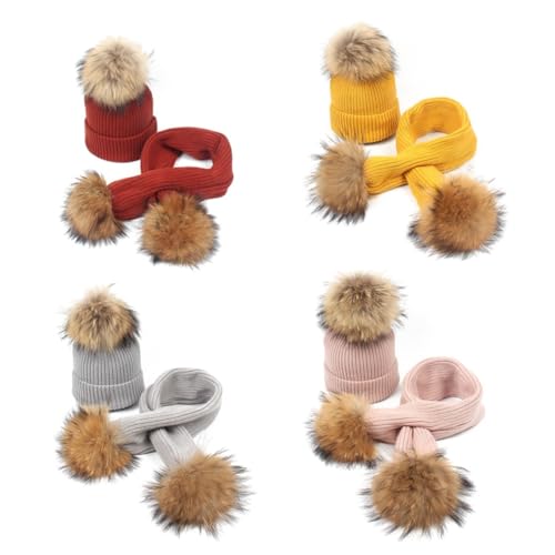 2PCS Warm Hat and Scarf Set with Hair Ball Thickened Knit Scarf and Beanie for Autumn Winter Activities for Boys and Pink3