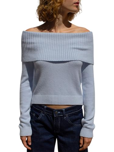 Women's Off Shoulder Fold Over Sweater Sexy Y2K Long Sleeve