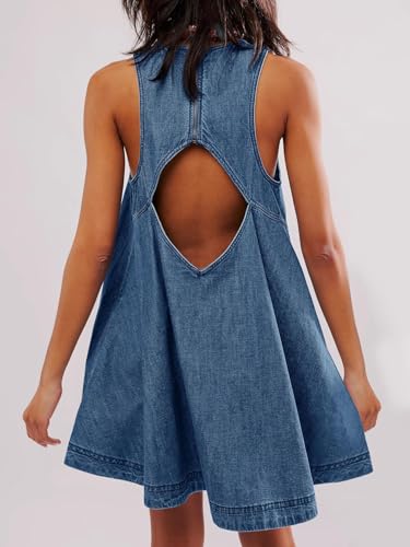 Image of utcoco Women's 2026 Summer Sleeveless Denim Mini Dress Back Cut Out A Line Swing Jean Tank Dress