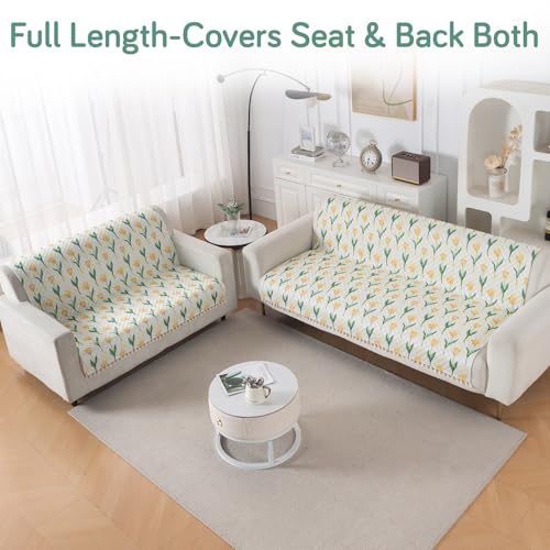 Image of HOKIPO Tulip Blossom Quilted Sofa Cover 5 Seater with Tassels - (3+2) for Seat & Back | 'Tassel Twigs' Series (IN-991-T4 + IN-990-T4)