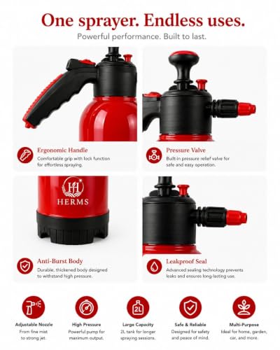 Image of Herms Aquamist 2L Hand Pressure Spray Pump | 3 Spray Modes | Adjustable Brass Nozzle | Garden Sprayer for Watering Plants, Pesticide, Fertilizer, Home Garden, Nursery & Car Washing (Red)