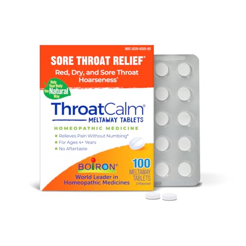 Boiron ThroatCalm Tabs - 100 Count for Pain Relief from Red Dry Scratchy Sore Throats and Hoarseness - Throat Calm Meltaway Tablets