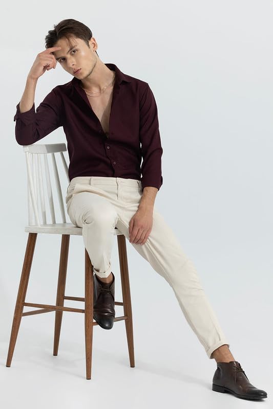 Image of SNITCH Men Cotton Crapepoly Maroon Spread Collar Solid Slim Fit Shirt, 2XL