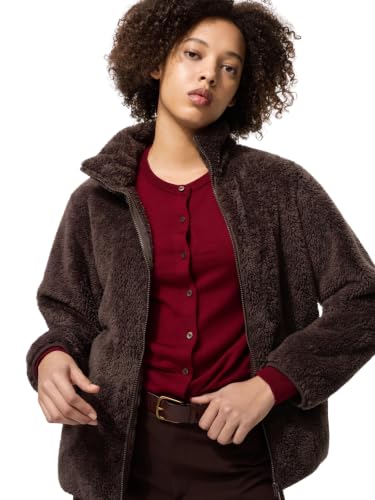 Image of Alan Jones Clothing Women's Fluffy Yarn Fleece Full-Zip Jacket | Soft Lightweight Warm Outerwear with Stand Collar & Piping at Hem & Cuffs