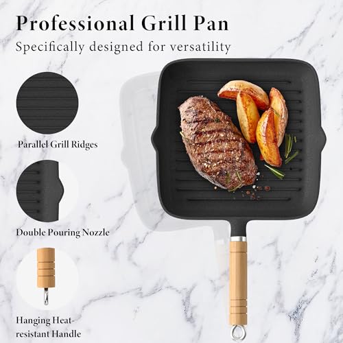 Griddle Pan 22cm/8.7" Cast Iron Grill Pan, Stripes Frying Steak Pan with Pour Spouts Suitable for All Hobs & Induction for Breakfast Home Kitchen Party Gathering - Image 4