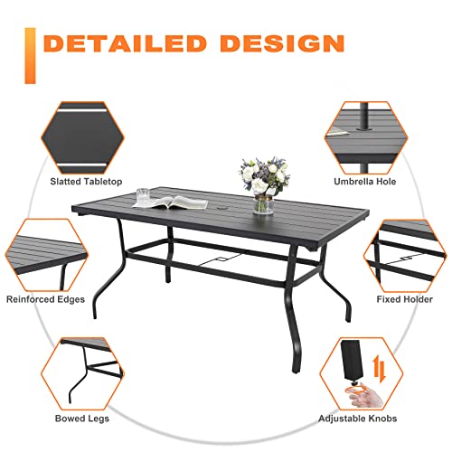 NUU GARDEN 7 Pieces Patio Dining Set, All-Weather Outdoor Furniture with 6 Textilene Dining Chairs and 61" Rectangle Metal Dining Table with Umbrella Hole for Patio Deck Garden, Black and Brown - Thumbnail 4