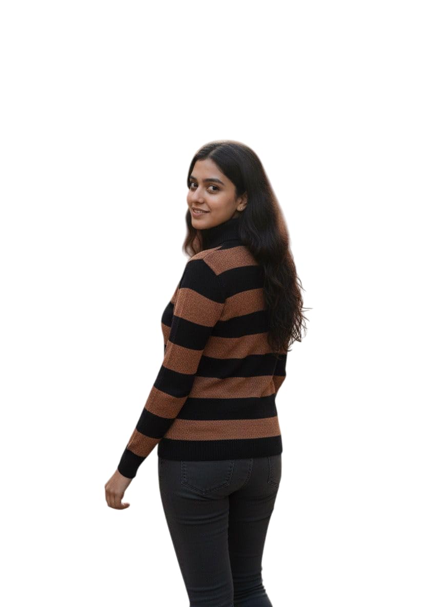 Women Sweater for Winter – Brown & Black Striped High Neck Soft Velvety Woolen Knit Stretchable Warm Sweater Top Stylish Winter Wear - Sweaters for Women Winter-image-25