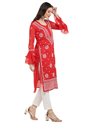 Image of FAWOMENT Women's Designer Georgette Straight Kurta with Hand Crafted Lucknowi Chikankari Embroiderey Emblemished Moti Work Along
