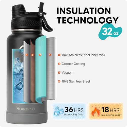 Image of Swigina [2-IN-1 LID] Insulated Water Bottle with Silicone Boot (36hrs Cold /18hrs Hot) - DIY Stickers, Leakproof, BPA Free, 32 oz