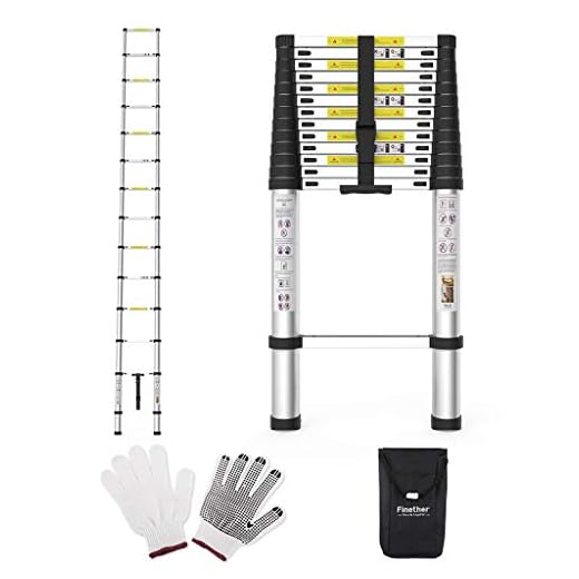 Finether 5m Escalera Telescópica de Aluminio, Escalera Extensible, Escalera Multipropósito Portátil con Guantes de Trabajo y Bolsa de Escalera, 14 Peldaños, Certificada por EN131, Capacidad de 150 kg