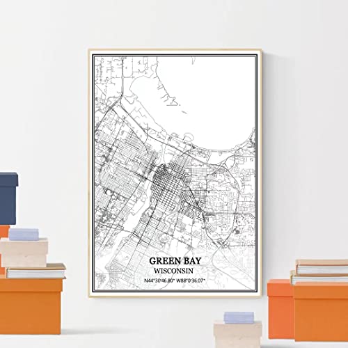 Tanokcrs Green Bay Wisconsin Usa America Map Wall Art Canvas Print Poster Artwork Unframed Modern Black And White Map Souvenir Gift Home Decor 16X20 Inches #TOP3