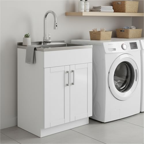 Image of SIMPLIHOME Modern Wide Shaker All-in-One 28 inch Wide Utility Sink and Laundry Cabinet in Glacier White Finish, Transitional Stainless Steel Sink Cabinet for Laundry Rooms with High-Arch Chrome Faucet