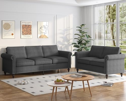 ZAFLY 2 Pieces Living Room Sofa Set, 3 Seat Sofa Couch and Loveseat Set, Modular Sectional Couch Furniture Sets, Sofas Couches Sets with 4 Gourd Shapes Wood Legs for Living Room/Apartment - Dark Grey