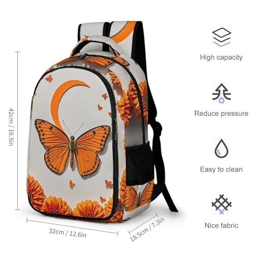 Heavy-Duty Backpack with Side Pockets, Orange Butterfly Moon Print Durable Backpack Ideal for Travel, And Outdoor Adventures2