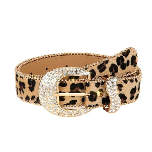 Ursumy Women Leather Leopard Print Belt - Rhinestone Adjustable Vintage Fashion Cowboy Belt for Jeans Dress