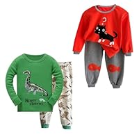 FedMois Kids 100% Cotton Pyjamas Set Long Sleeves 2 Sets 4 pcs Boys Girls Pjs Sleepwear, cat and dinosaur, 3-4 Years