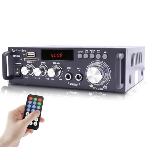 2-Channel 600 Watt Bluetooth Home Stereo Amplifier, AC/DC Power, 2 Mic Inputs, Wireless Remote, Bass & Treble Controls by Technical Pro