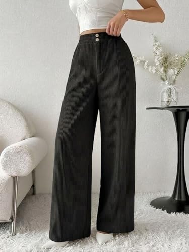 Image of SMOWKLY Authentics Women's Trendy Casual Corduroy Stretchable Baggy Loose Korean Trouser with Pockets || High Rise Elastic Waist Going Out Lounge Pants || Wide Leg Summer Pants for Woman