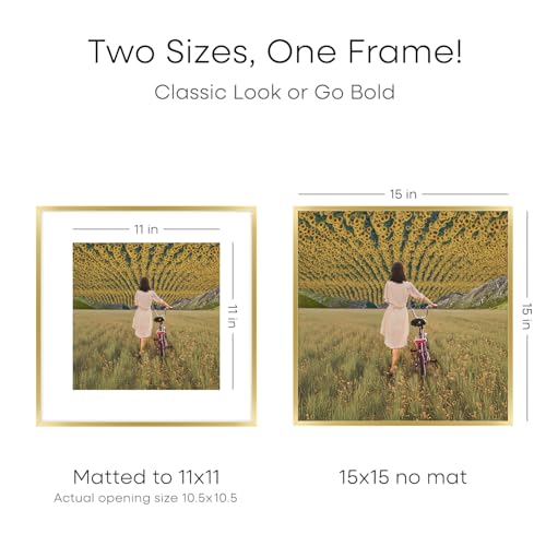 Image of Homeforia 15x15 Picture Frame Gold, High End Metal 15 x 15 Square Poster Frame with Mat 11 x 11 Photo, 15x15 Frame Matted to 11x11 Print, 15by15 Gold Hanging Frames, Tempered Glass, Wall Kit, Set of 3