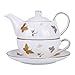 fanquare Juego de Té para Una Persona con Mariposa de Oro, Juego de Tetera con Taza de Café y Platillo, Porcelana