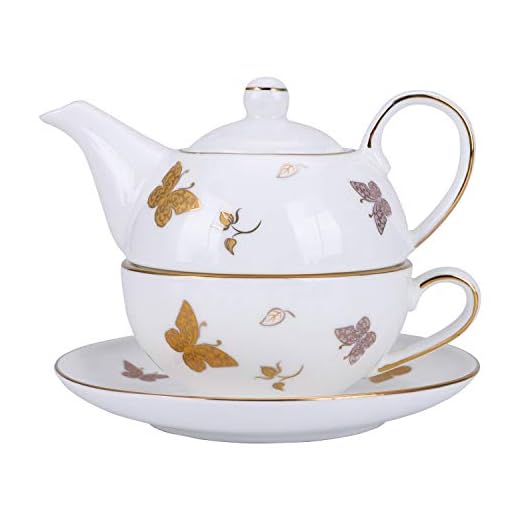 fanquare Juego de Té para Una Persona con Mariposa de Oro, Juego de Tetera con Taza de Café y Platillo, Porcelana