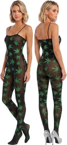 Image of ToBeInStyle Women's Thigh High Stockings Bodystocking Tights Medicinal Cannabis Marijuana Weed Leaf Print Festival Hosiery