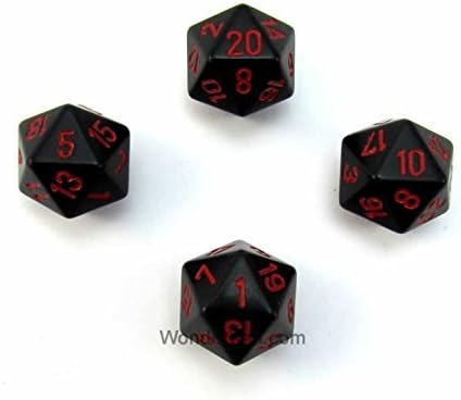 Wondertrail WCXPQ2018E4 Black Opaque Dice with Red Numbers D20 Aprox 16mm (5/8in) Pack of 4 Dice Chessex