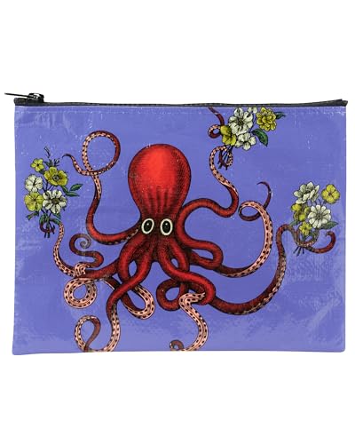 Blue Q Zipper Pouch Cosmetic Bag for Women Travel and Everyday Essentials Purse Accessory Storage for Makeup or Toiletries Made from 95% Recycled Plastic Octopus 7.25 h x 9.5 w