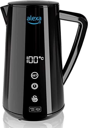 Swan Alexa Hervidor Agua Eléctrico Inteligente WIFI Smart Kettle 1,5L, Inalámbrico, Pantalla LED Táctil, Función Mantener Caliente, Pared Aislada Acero Inoxidable, 1800W, Negro, SK14650BLKNEU