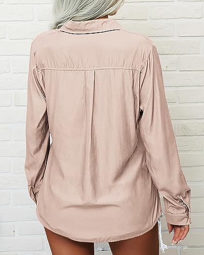 Veatzaer Womens Solid Lapel Long Sleeves Button Down Shirt Top Casual Basic Office Blouse4