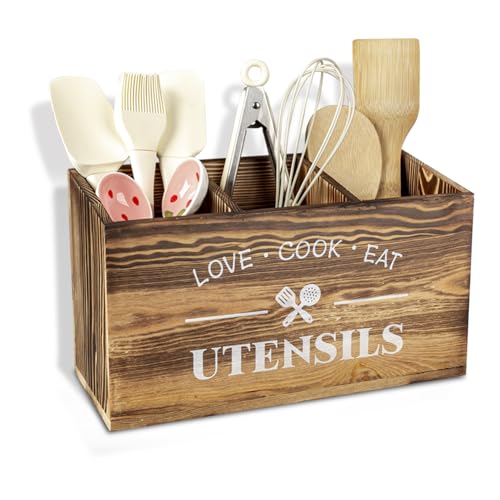 Guolich Wooden Brown Utensil Holder,Kitchen Counter Organizer for Worktop,Cutlery Holder,Kitchen Utensil Organizer,Cooking Utensil Storage & Decor, Large Utensil Holder, Cooking Tools Storage