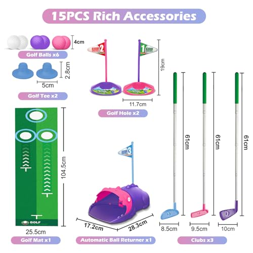 TERRAMUS Kinder Golfset mit Dinosaurier Automatischer Ballrückgabe, LED Leuchtgolfbälle, 3 Schläger, Putting-Matte, Mini Golf für 3-8jährige Kleinkinder, Sportspielzeug für Jungen Mädchen (Pink)
