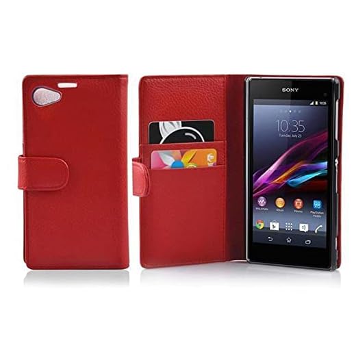 Fodral kompatibelt med Sony Xperia Z1 Compact i INFERNO RÖD - Skyddsfodral av strukturerat syntetiskt Läder med Stativfunktion och Kortspår - Fodralet Etui Pocket Book Folding Style
