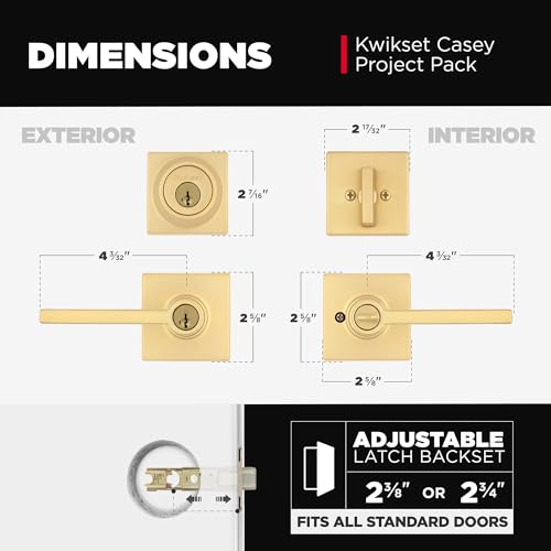 Image of Kwikset Casey Square Front Door Lock Handle and Deadbolt Set, Entry Exterior with Interior Reversible Lever, Satin Brass, Project Pack, Pick Resistant SmartKey Rekey Deadbolt Security