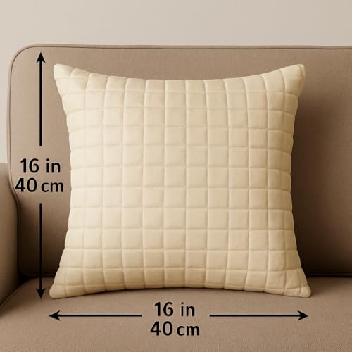 Image of Premium Quilted Cushion Cover 16x16 Inch - Dupion Silk Blend - Soft & Durable Decorative Pillow Cover for Sofa, Bed, Living Room - Set of 5 pc (Cream)