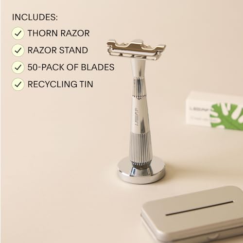 Leaf Shave | Leaf Thorn Razor Set, Includes Twig Razor, Matching Stand, 50-Pack Single-Edge Blade Refills, and Blade Bank - Black