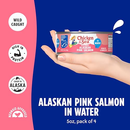 Chicken of the Sea Alaskan Pink Canned Salmon in Water, 5 Ounce Cans, 4-Count – High Protein Skinless & Boneless Wild Caught Salmon – Delicious Wild Salmon for Burgers, Pasta, & More