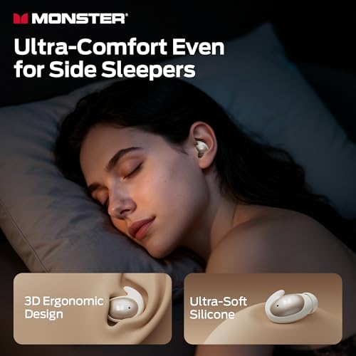 Image of Monster Sleep Ear100 Ear Buds, Sleep Earbuds with Stereo Sound, Design for Side Sleeper, 32H Playtime, Bluetooth 6.0, ENC Noise Cancelling, IPX7 Watee
