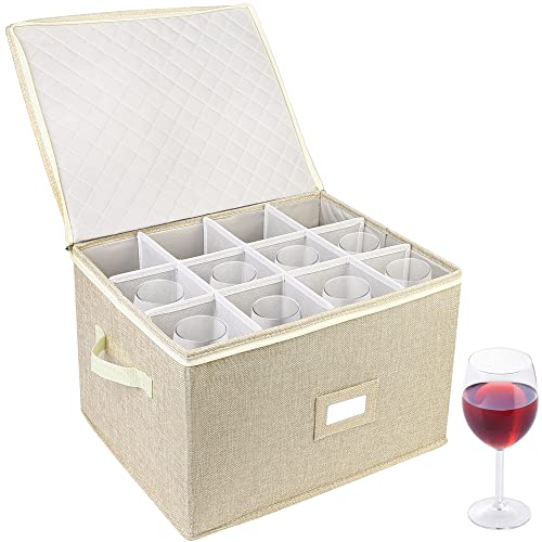 Lotfancy Stemware Storage Container, Hard Shell, Stackable Wine Glass Storage Box With Dividers & Handles, Crystal Glassware, Champagne Flute, Drinkware Case For Moving, Beige #TOP7