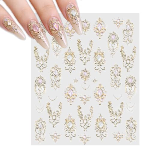 Hunken 5D Gold Nail Stickers with Gemstones, Luxury Golden Mace Nail Stickers, 3D Self-Adhesive Nails Art Decals with Baroque Filigree Design for Manicure, DIY Nails Decoration for Women Girls