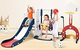 GarveeLife 7 in-1 Indoor Slide and Swing Set, Freestanding Toddler Slide Climber Playset for Kids with Adjustable Swing, Basketball Hoop, Soccer, Golf, Ring Toss Game, Baby Indoor Outdoor Playground