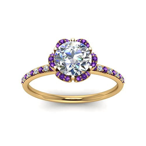 Image of 55Carat Choose Your Gemstone 6 Petal Ring Yellow Gold Plated Round Shape Halo Engagement Rings Well Shaped for Any Gift Giving Occassion Modern Style Enchating Women US Size 4 to 12