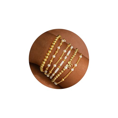 Turandoss 6PCS Beaded Initial Bracelets for Women, 18K Gold Plated Beaded Initial Letter Bracelet for Girls Women, Initial A-Z Stretch Bead Stackable Bracelet Jewelry Set Gifts